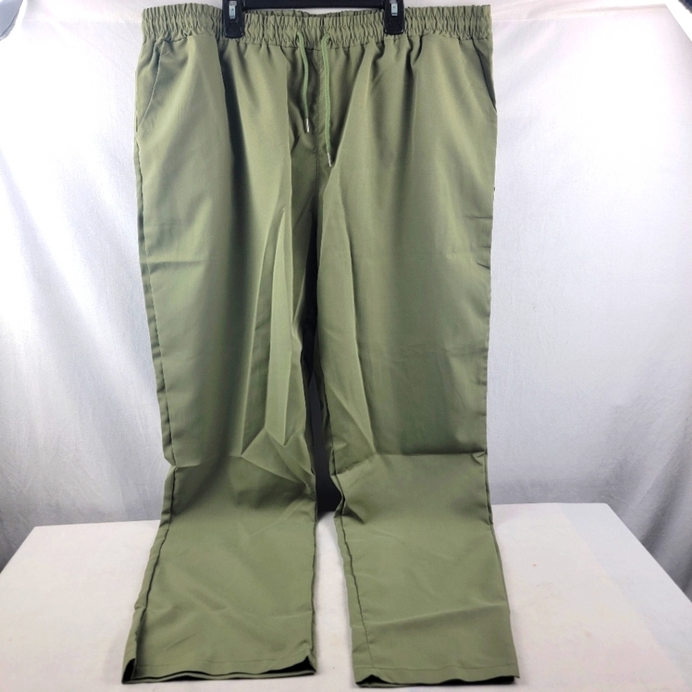 NWOT drab green pull on elastic high-waisted straight leg pants w/‎ pockets